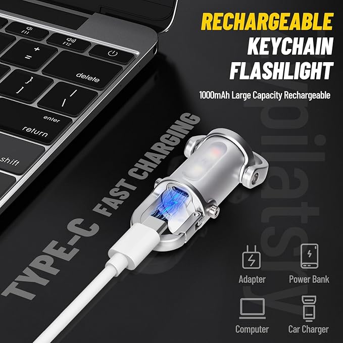1200LM Super Bright Mini Led Flashlights USB Rechargeable Small Waterproof Keychain Flashlight Rescue, Camping-Silver