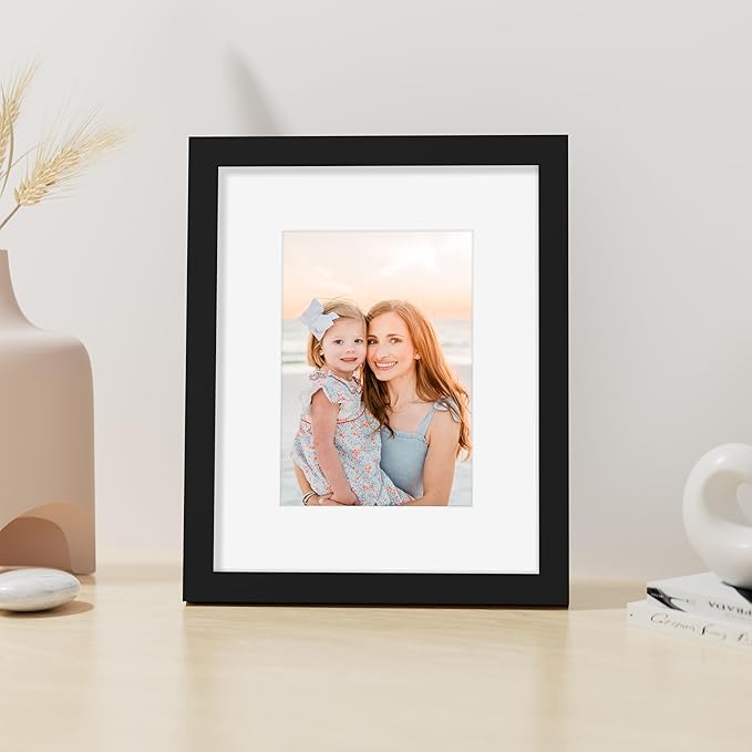 Vittanly 8x10 Picture Frame, Made of Solid Wood and Shatterproof Plexiglass, Display Pictures 5x7 with Mat or 8x10 without Mat, Wooden Photo Frame for Wall Mounting or Tabletop Display, Black, 1 Pack