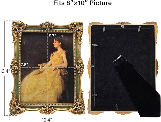 CISOO 8x10 Vintage Picture Frame Antique Ornate Green and Gold Photo Frame, for Table Top and Wall Display, Decorative Floral Design Retro Home Decor, Photo Gallery Art