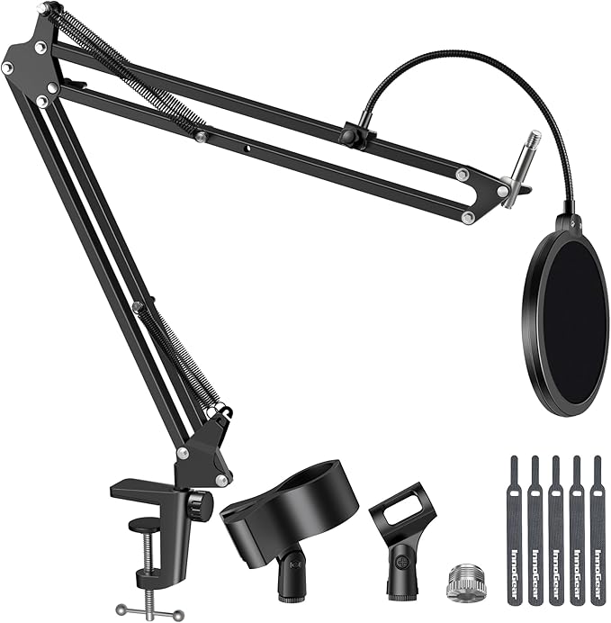 InnoGear Mic Stand for Blue Snowball and Blue Snowball iCE Boom Arm Stand with Pop Filter Microphone Holders for HyperX QuadCast SoloCast Fifine Shure SM7B and Other Mic, Max Load 1.8 KG, Large