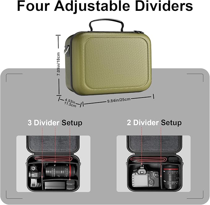 ProCase Hard Shell Camera Case for Canon Rebel T7/EOS R100/R50/DSLR/SLR/Nikon/Sony/Mirrorless Cameras, Soft Padded Digital Camera Travel Bag with 1 Shoulder Strap and 3 Adjustable Dividers -Green