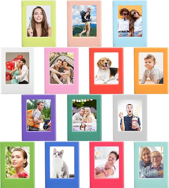 Epakh 14 Packs Magnetic Photo Picture Frame Cute Mini Table Photo Frame Holder 3 Inches Plastic Colorful Picture Display for Fridge Office (Multicolor)