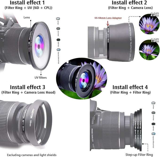 55mm Lens to 58mm Camera Lens Adapter,55mm to 58mm Filter Step-Up Adapter Ring,Compatible All 58mm Filter Accessory