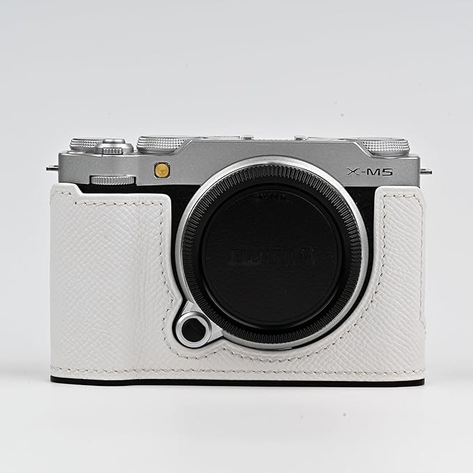 Uchandmade Handmade Genuine Leather Camera Half Case for Fujifilm X-M5/Fujifilm X-M5 Camera Case/Fujifilm X-M5 Case - Top Layer Cowhide Body + Metal Base Plate (White)