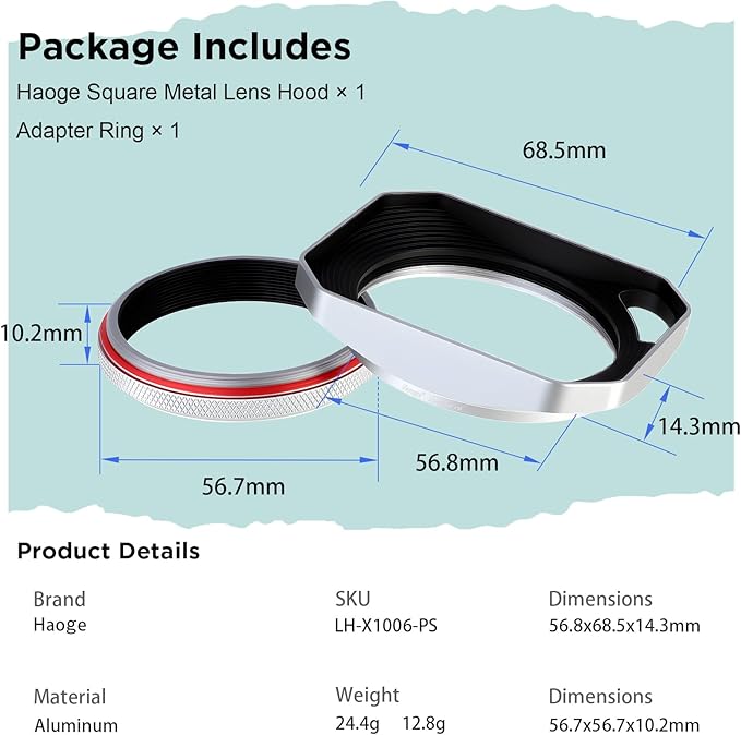 Haoge Square Metal Lens Hood for Fujifilm X100VI X100V X100F X100T X100S X70 Fuji Photo Camera Accessories Silver with 49mm Uv Filter Adapter Ring Hollow Out Designed LH-X1006-PS