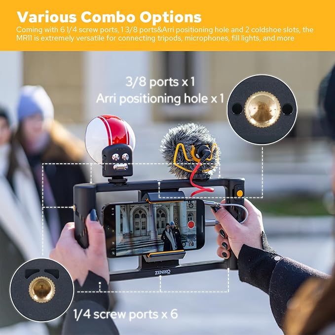 MR11 Smartphone Video Rig with Light, Built-in Battery Wireless Charging, Cold Shoe, ARRI Hole, 1/4" Hole, Remote Control, Rotatable Clamp, All-in-one Phone Vlogging Cage Video Stabilizer Grip