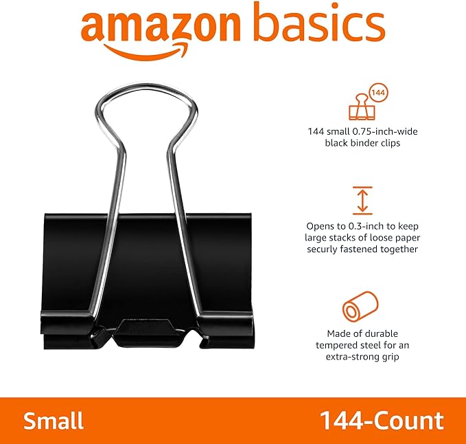 Amazon Basics Sturdy Binder Clips for Office Use, 144 Count (12 Pack of 12), Small, 0.75 in, Black