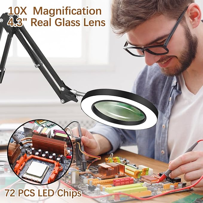 VUEJIC 10X Magnifying Glass with Light and Clamp, Magnifier with Light Hands Free3 Color Modes Stepless Dimmable, 72 LEDs Real Glass Lens Magnifying Lamp for Close Work, Repair, Reading, Craft