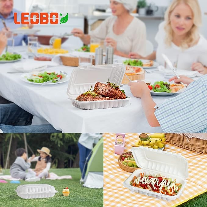 LEOBOX Plastic Containers Mineral Filled PP 9x6 - Shrink Wrap 50 Pack 27oz BPA Free Takeout Box | Freezer Microwave & Dishwasher Safe | Reusable & Disposable Container for To Go Bulk Catering | White