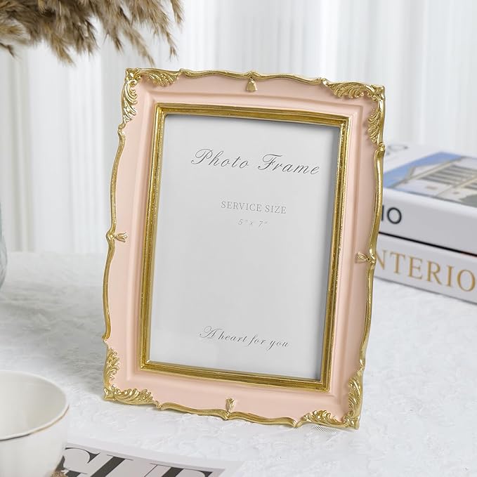 5x7 Pink Picture Frame, Vintage Pink and Gold 5 by 7 Antique Photo Frames, Ornate Textured Hand-Crafted Resin Frame with Glass Front for Tabletop Display or Wall Hanging, Retro Design Home Decor