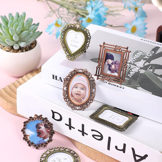 6 Pcs Mini Vintage Picture Frame 1 Inch Wallet Size Picture Frames Assorted Colors Tiny Metal DIY Photo Frames Tiny Metal Photo Frame for Tabletop Wall Display Old Fashioned Photoes Gallery Art Decor