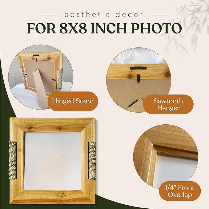 BoHo Wicker Accent Solid Wood Picture Frame for 8x8 Photo or Artwork - Bohemian, Coastal or Beach Style, Wall & Tabletop Decor Picture Frame, All Natural Wood & Seagrass - Golden Brown