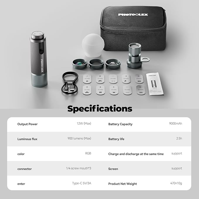 PHOTOOLEX PRO 12W RGB Photography Flashlight, 360 ° Full Color LED Portable Spotlight, Conical Optical Snoot Kit with 10 Metal Gobos/9000mAh/3 Lens/CRI 96+/12 Effects, LCD Display, APP Control