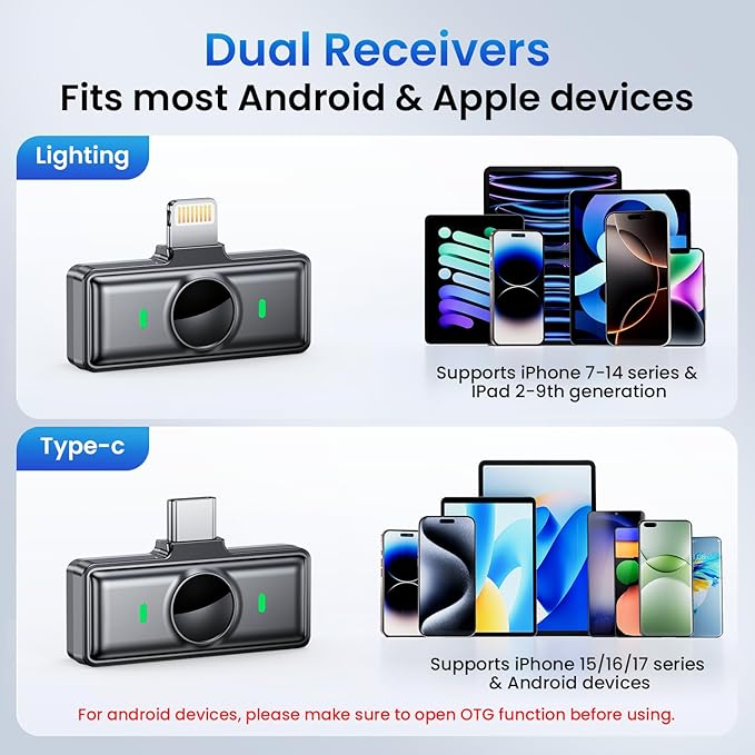 2pcs Dual Receivers Mini Microphone for iPhone iPad Android Video Recording,Lavalier Wireless Microphones for Game,Live Streaming,Interviews,YouTube,TikTok,Vlog