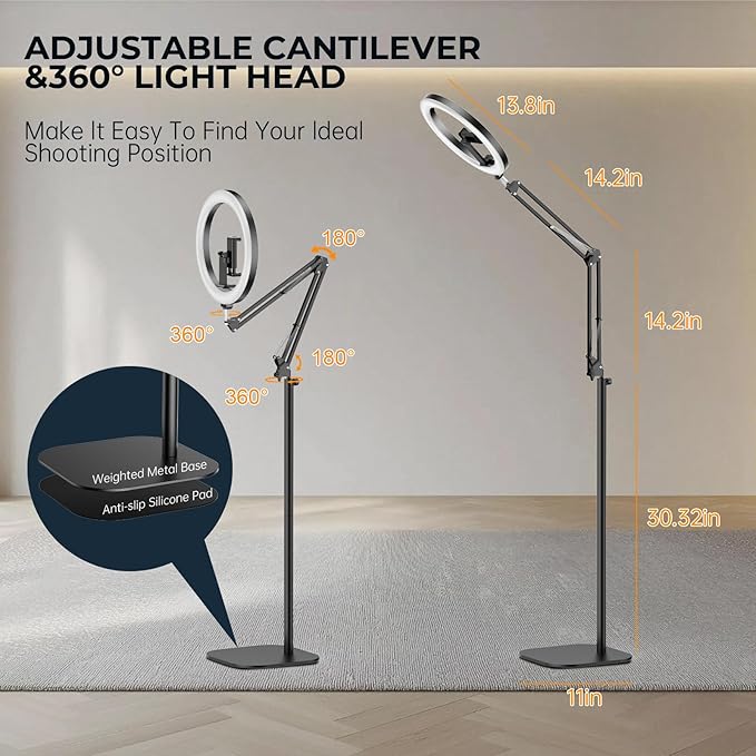 12" Ring Light with Stand Tripod for iPhone, Overhead Phone Camera Mount, Adjustable 72" Height Tripod Holder Floor, Phone Stand for Video Recording Filming Streaming Cooking TikTok YouTube, CRI >95