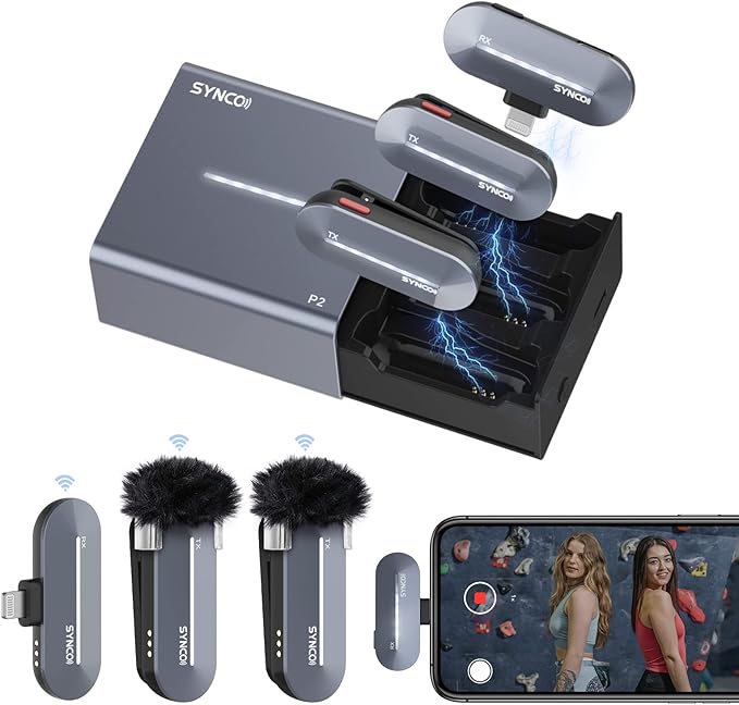 SYNCO P2L Wireless Lavalier Microphone for iPhone, Dual Mic Noise Reduction, Charging Case, Plug Play, 2.4GHz, 45mins Shooting Time