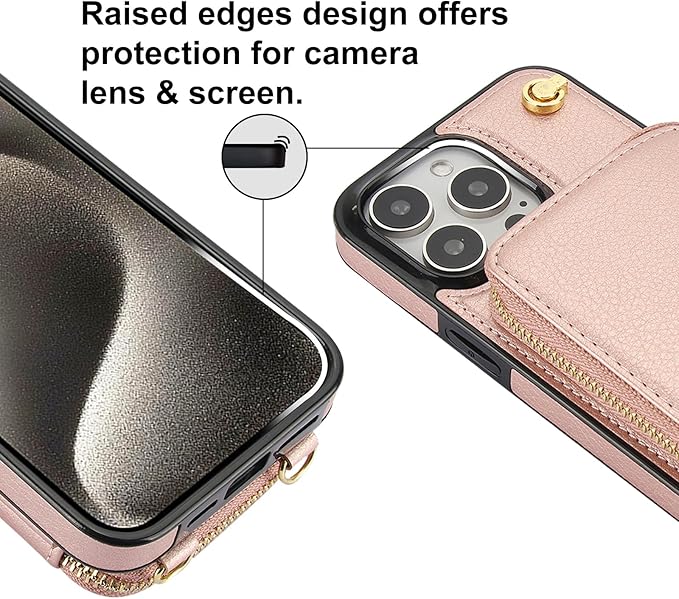 Bocasal for MagSafe Crossbody Wallet Case Compatible with iPhone 15 Pro Max, RFID Blocking Protective Purse Case with Card Slots Holder Kickstand Wrist Strap Lanyard Zipper 6.7 Inch 5G (Rose Gold)