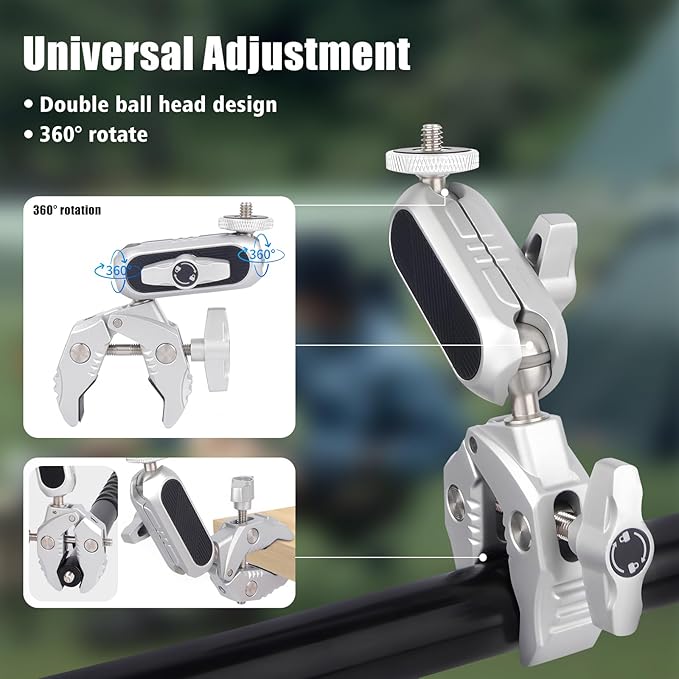 Super Clamp Mount with Dual 360° Ballhead Magic Arm with Phone Holder,1/4"-20 Screw Compatible with Mirrorless Camera,GoPro Hero,DJI OSMO Action,Insta360 X4/X3, Smartphone and More