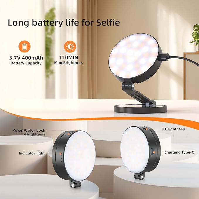 Magnetic Selfie Light Portable Fill Light Compatible with iPhone Magsafe, 5 LED Modes CRI95+ Phone Ring Light with Mirror Rechargeable Selfie Light for Photography Video Conference Makeup