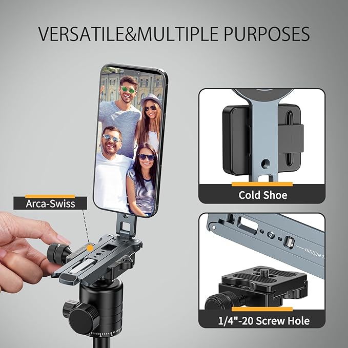 Magnetic Phone Tripod Mount,Aluminium Mini Tripod Pocket Cell Phone Stand with Cold Shoe Mount, 1/4" Screw & Foldable Hook Compatible for iPhone 12/13/14/15/16 & MagSafe Cases