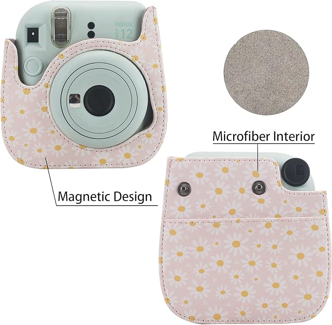 Frankmate Protective Case Compatible with Fujifilm Instax Mini 12 11 9 8 Instant Film Camera with Pocket and Adjustable Strap (Pink Daisy)