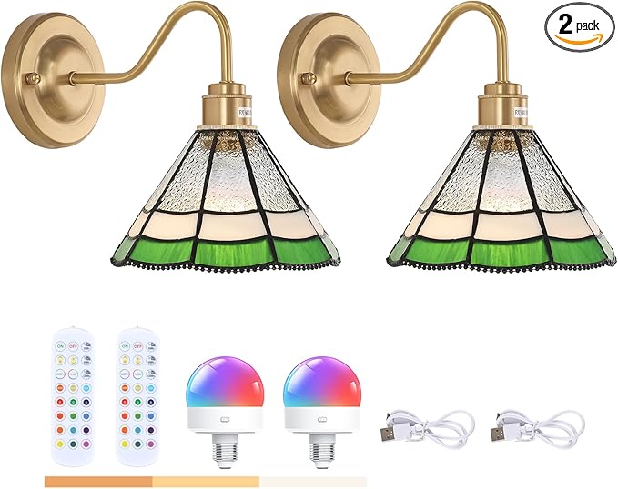 Vintage Battery Operated Wall Sconce Set of 2 with Remote, RGB LED Wall Lamp 12 Colors Dimmable, Brass Lights Fixture for Bedroom Living Room Hallway Green Multilayer Petal