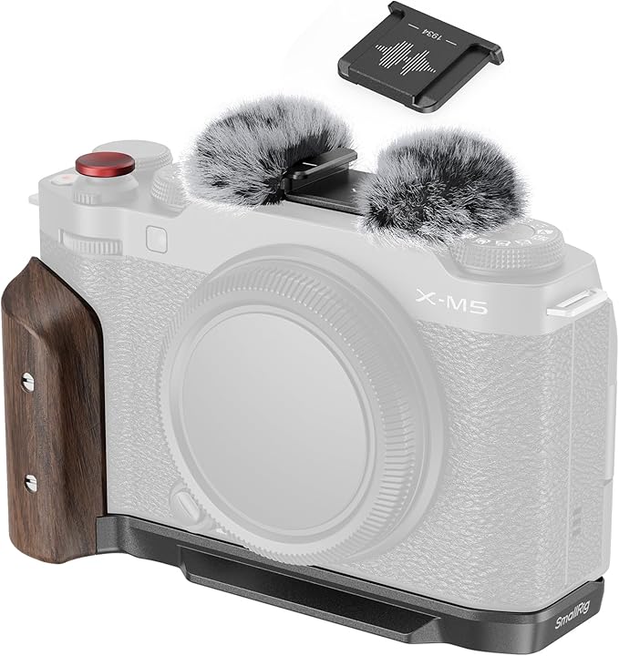 SMALLRIG X-M5 Wooden Handgrip L-Shape Grip for FUJIFILM X-M5, Built-in Quick Release Plate for Arca, Ergonomic Wood Side Handle, Include Windshield with Cold Shoe Adapter,Plate for Arca (Black) - 5260