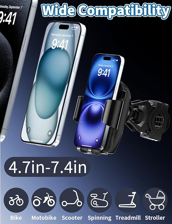 Phone Holder Induction Speaker for Bike, 4.7-7.4" Phones Stand Mount with Bluetooth Speaker Amplifier, Scooter Motorcycle Handle Bar Multifunctional Clamp, 360° Rotating, IP65 Water Resistant