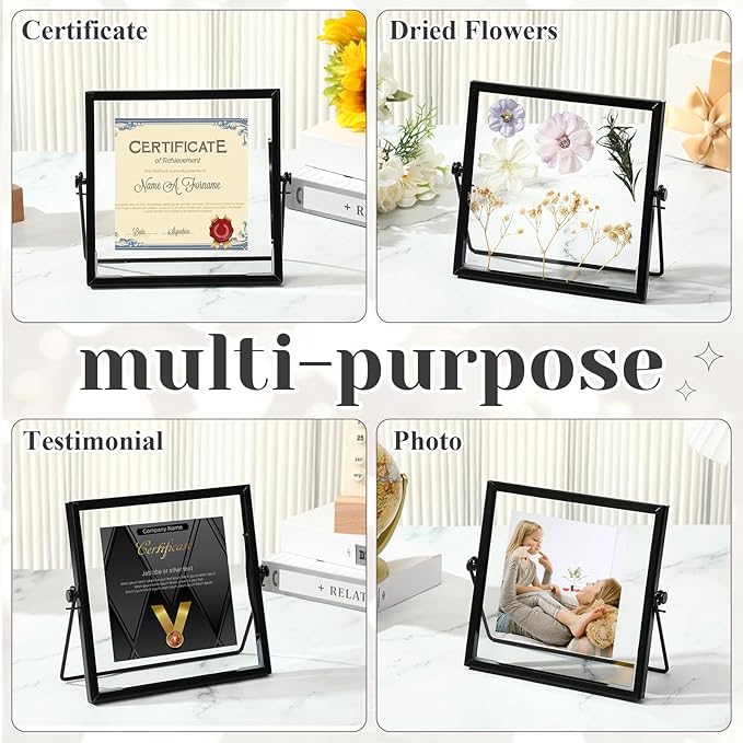 Hoteam 12 Pack 6 x 6 Inches Black Floating Frame for Photo 4 x 4 Inch Glass Floating Picture Frame Collection Vintage Metal Minimal Ornate Easel for Wedding Gift Pictures Photos Desk Tabletop Display