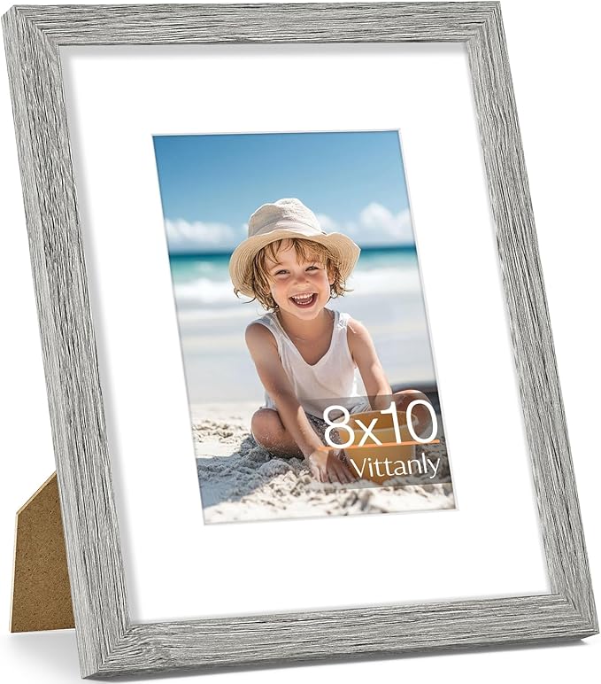 Vittanly 8x10 Picture Frame, Made of Solid Wood and Shatterproof Plexiglass, Display Pictures 5x7 with Mat or 8x10 without Mat, Wooden Photo Frame for Wall Mounting or Tabletop Display, Grey, 1 Pack