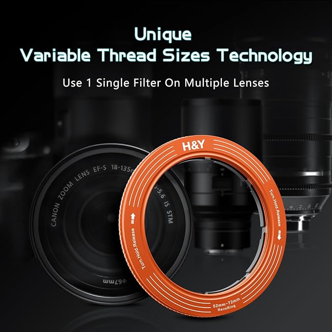 H&Y RevoRing Adjustable Step Up Ring 52-72mm to 77mm, Variable Lens Filter Adapter Ring, Universal Stepping System fits 52 55 58 62 67 72mm, Orange