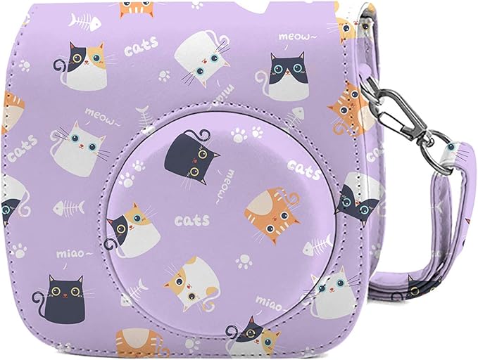 Phetium Instant mini 12 Camera Protective Case Compatible with Instax Mini 12 11,PU Leather Bag with Pocket and Adjustable Shoulder Strap (Purple Cat)