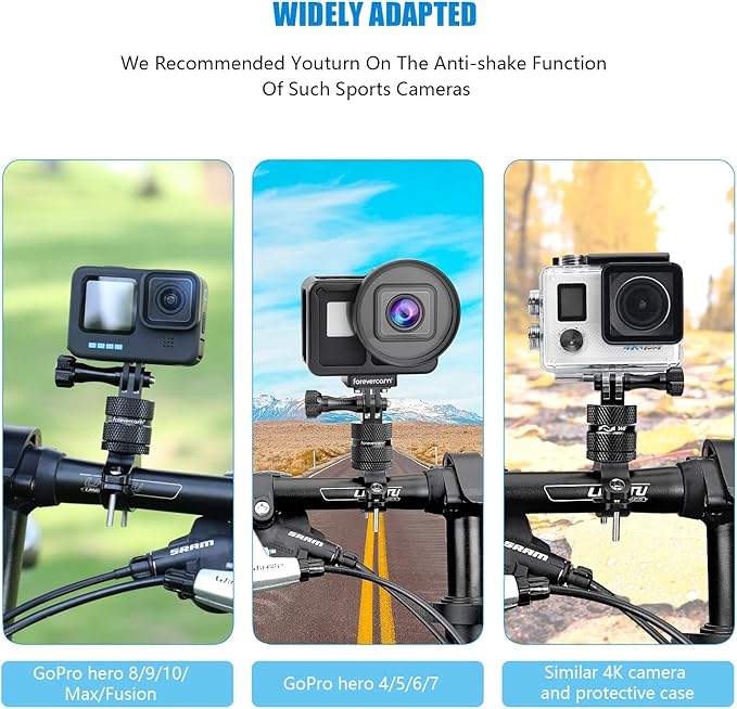 Forevercam Bike Handlebar Mount for Gopro Hero 13 12 11 10 9 8 DJI Osmo Insta360 AKASO and Other Action Camera Aluminum Motorcycle Handlebar Mount 360°Rotation