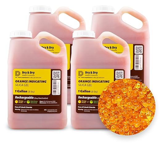 "Dry & Dry" [32 LBS] Premium Orange Indicating Silica Gel Desiccant Beads(Industry Standard 3-5 mm) - Rechargeable(4 Gallon)