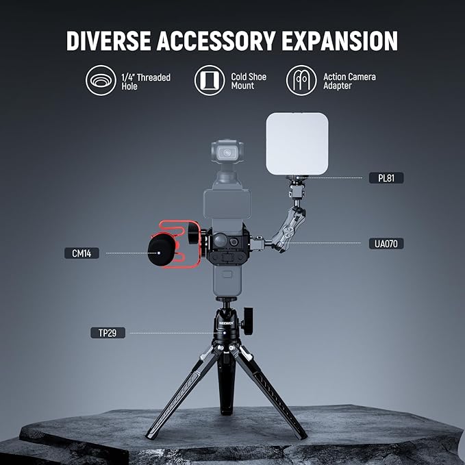 NEEWER Pocket 3 Cage, Aluminum Alloy Gimbal Video Recording Rig with Action Camera Extension Adapter 1/4" Threads Cold Shoe Compatible with DJI Osmo Pocket 3 Creator Combo, No Assembly Needed, AC009
