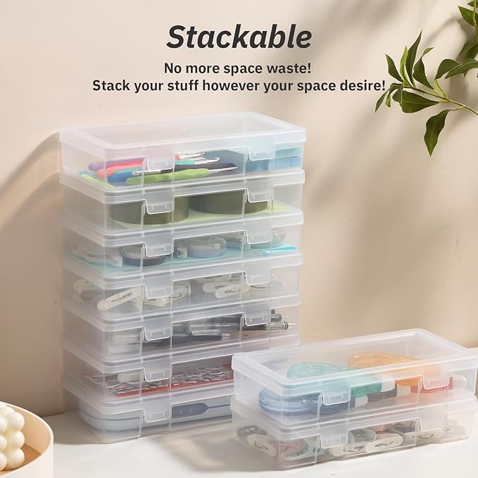 novelinks Small Plastic Storage Box Containers with Latching Lids - Craft Organizers and Storage Stackable Storage Organizer Pencil Crayon Box (9 Pack Medium -Clear)