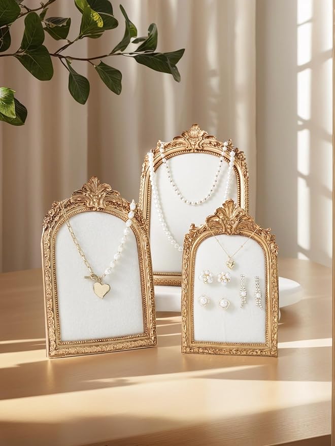 Vintage Frame Jewelry Stand, Gold Resin Photo Frame Earring Necklace Ring Organizer for Woman Engagement Wedding Collectibles (Small)