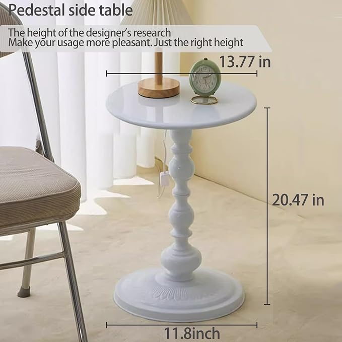 Pedestal White Metal Side Table, Sofa Coffee Table, Small TV Tray Table for The Sofa In the Living Room and Bedroom, Mini Coffee Table is Lightweight and Convenient to Move, 20.47 (H) *13.77 (W)
