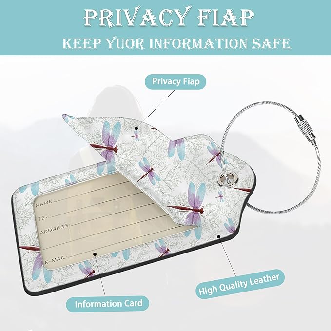 Dragonfly Luggage Tag,Pink Blue Leaves Luggage Tags of Set 2 Leather Identifiers Privacy Cover with Stainless Steel Loop for Women Men Travel Bag Suitcase