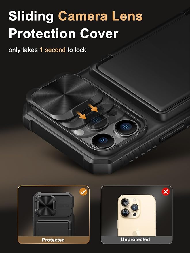 Vihibii for iPhone 13 Pro Case with Card Holder (4 Cards) [RFID Blocking] & Slide Camera Cover, Military Grade Drop Protection, Rugged Hard Back & Silicone Edge Wallet Phone Cover 5G 6.1" 2021, Black