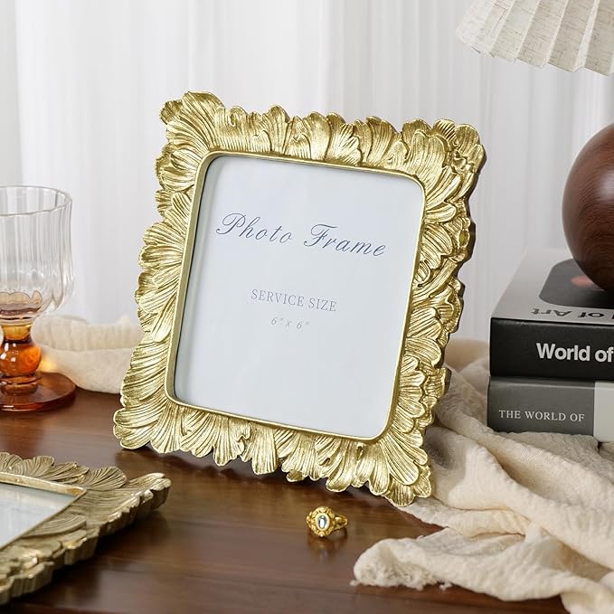 Cuspin 6x6 Picture Frame Gold Frames Square, Vintage Palm Leaves Textured Hand-Crafted Resin Frames with Glass Front, Retro Photo Frame for Wall Hanging and Tabletop Display Home Decor