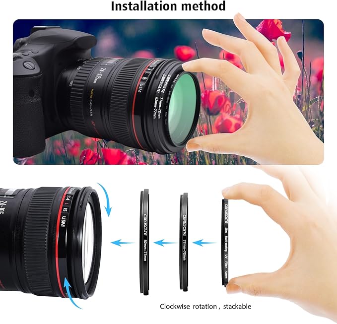 9 Pieces Step Down Ring,Camera Lens Filter Metal Filter Rings Compatible All Brands UV ND CPL (49-40.5mm,52-49mm,55-52mm,58-55mm,62-58mm,67-62mm,72-67mm,77-72mm,82-77mm)