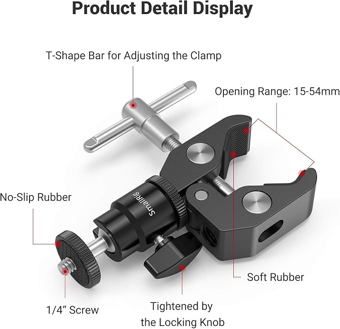 SmallRig Super Clamp Mount with Mini Ball Head Mount, Hot Shoe Adapter with 1/4 Screw for LCD Field Monitor, LED Lights, Flash, Microphone, for Gopro, for DJI Action 2, for Insta360