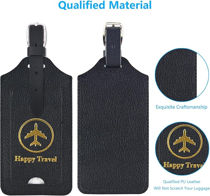 ACdream Luggage Tags 2 Pack, Leather Suitcase Tags Identifiers, Cute Cruise ID Labels with Privacy Cover fits on Backpack, Travel Bag, for Women/Men, Adults, Kids - Black