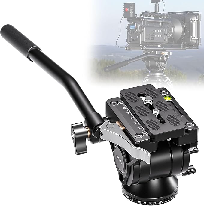Leofoto Professional Fluid Video Head with Flat Base and Adjustable Handle, Fluid Dampened, 360º Panning with Pan Lock, Heavy Duty for Video Cameras, Weight 0.75kg/1.65lb, Load up to 11lbs (BV-10L)