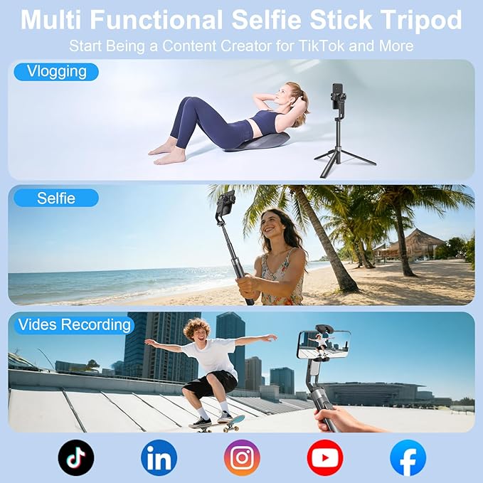 Gimbal Stabilizer for iPhone and Android, Auto Face Tracking Tripod 360 Rotation, Selfie Stick with Gimbal Stabilizer, 71” Phone Stabilizer with Remote Control & Light for Vlog Video Recording