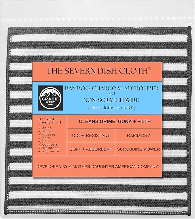 Severn Dish Cloths for Washing Dishes 4pk. Odor-Resistant Dish Rags with Non-Scratch Wire Scrubber Side for Kitchen Cleaning. Grime-Fighting Bamboo-Charcoal Microfiber 2-Sided Dishrags. Machine Wash