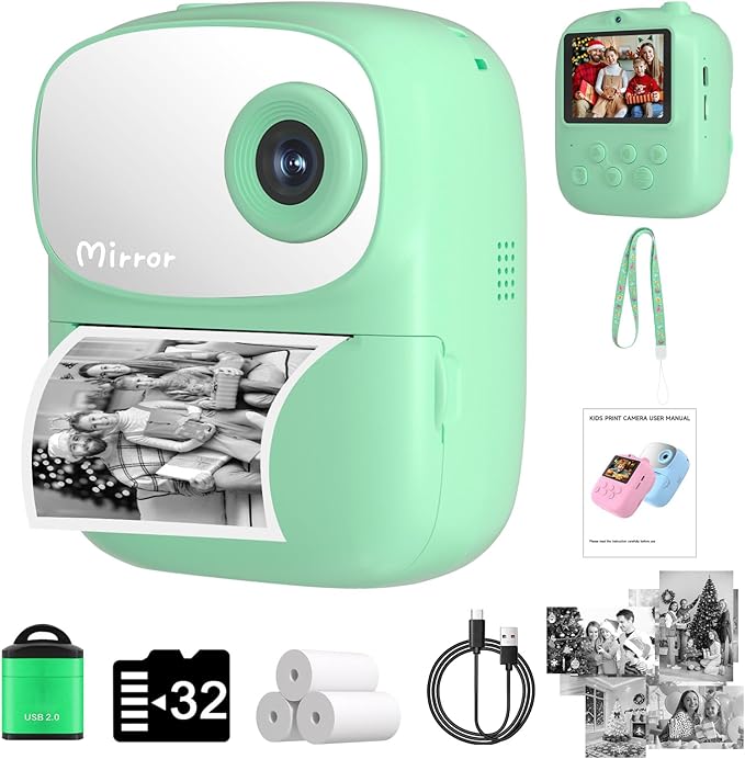 Kids Camera Instant Print for Kids with Mirror, HD Dual-Lens Selfie Digital Camera with 3 Rolls Print Paper & 32GB Card, Holiday Birthday Gifts Toys for Girls Boys Toddler. (Green)