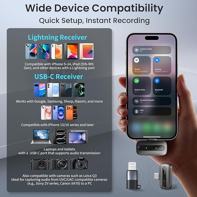 Mini Microphone, Ultra-Light Wireless Microphone for iPhone/Android, 30H Battery Life with Charging Case, 48kHz/24bit, Noise Cancellation for Vlogging, Streaming