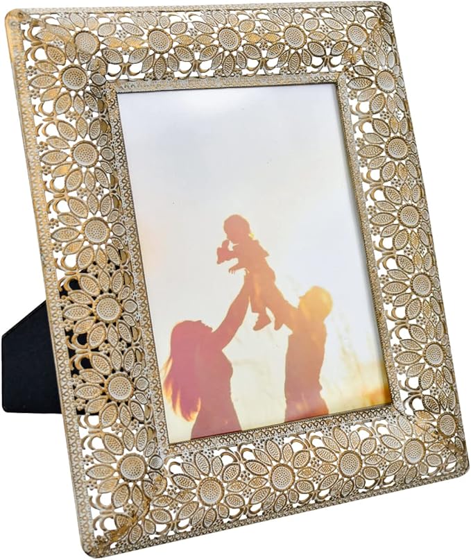 OKSQW Vintage Sunflower 5 x 7 Gold Picture Frame Table Top Display Retro Antique Picture Frames with HD Glass Front, Great Gift Metal Photo Frames for Wedding Baby Family Portraits Home Office Decor